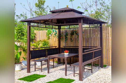 Chòi đẹp sân vườn nhập khẩu kèm bàn ghế nhựa gỗ
